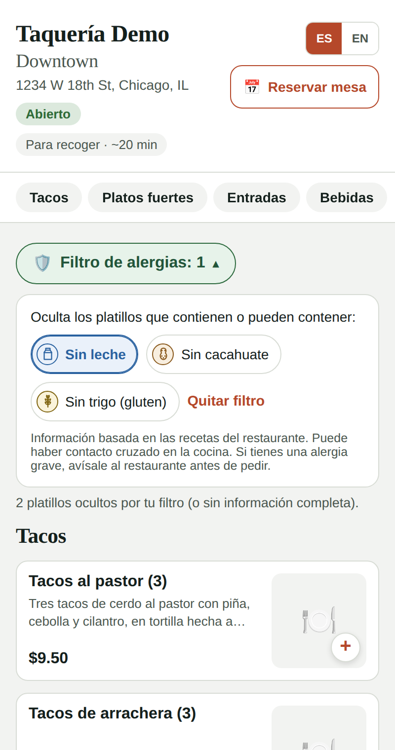 Filtro de alergias en el menú en línea