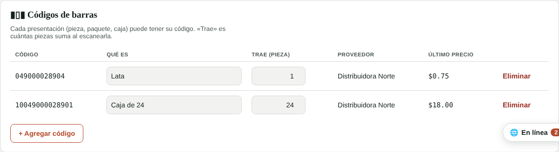 Tarjeta de códigos de barras de un ingrediente