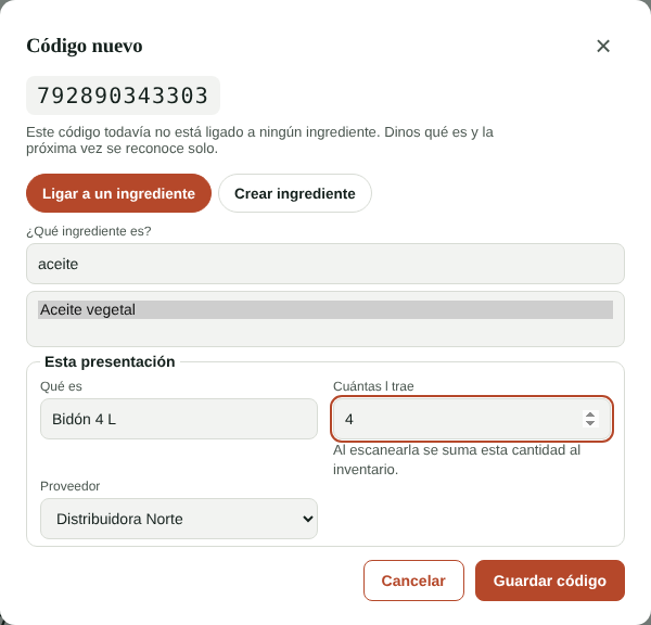 Ligar un código nuevo a un ingrediente