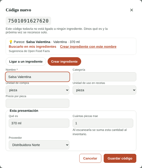 Sugerencia de nombre al escanear un producto nuevo