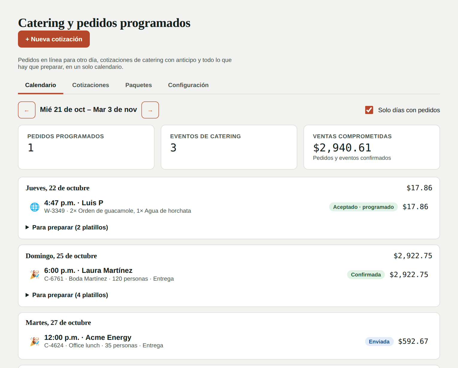Calendario de pedidos programados y eventos