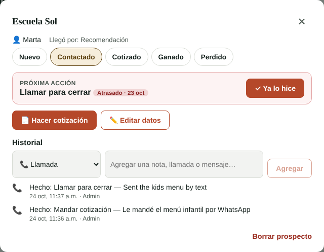 Detalle de un prospecto con su próxima acción e historial