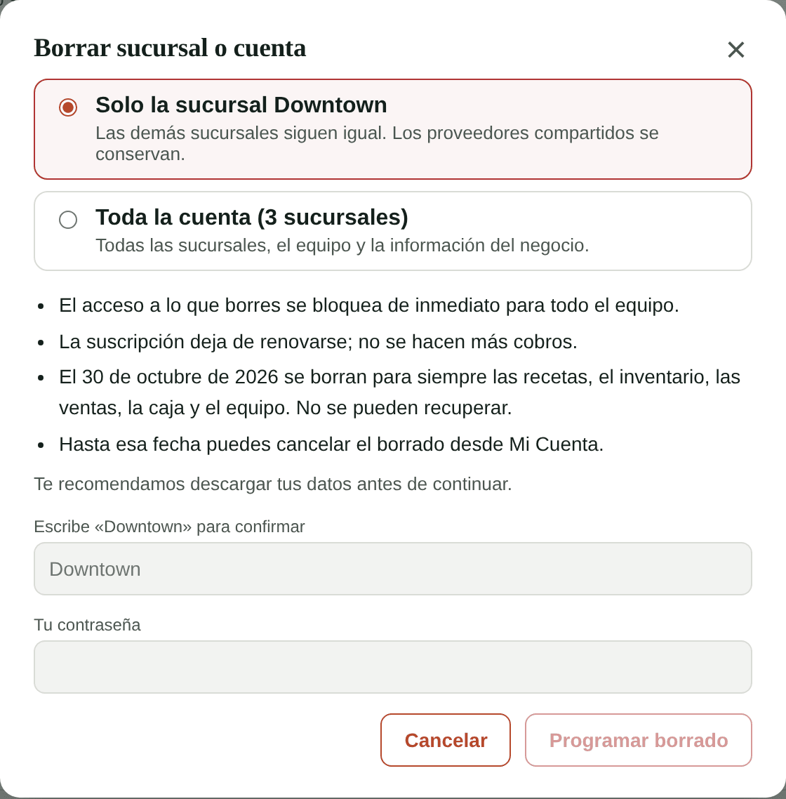 Borrar sucursal o cuenta
