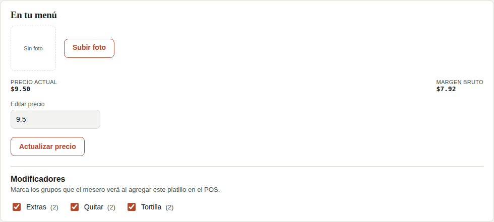 Modificadores de un platillo