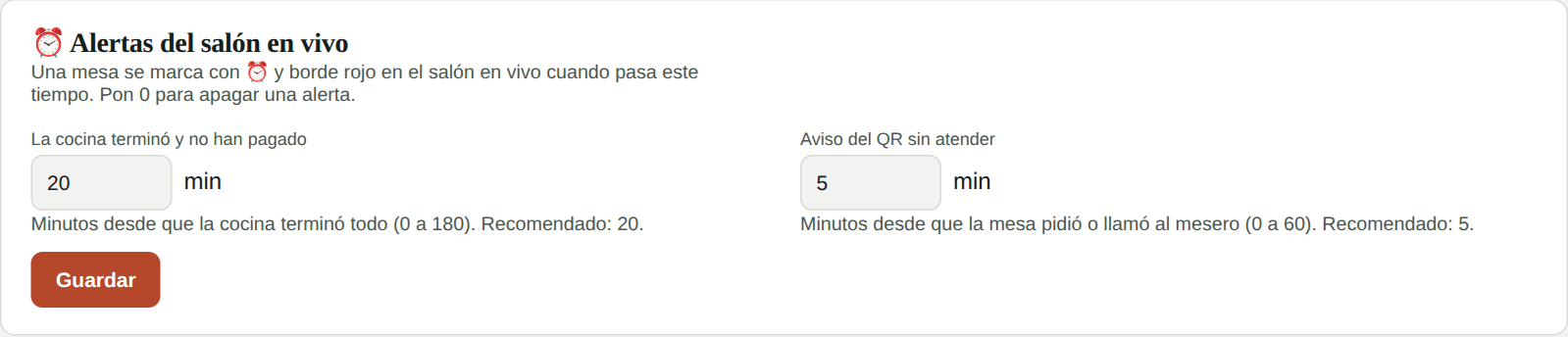 Alertas del salón en vivo en Mapa de mesas