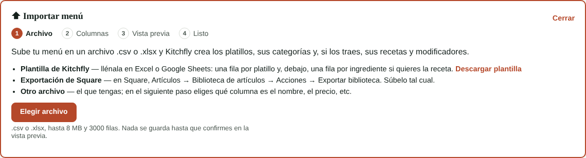 Importar menú: elegir el archivo