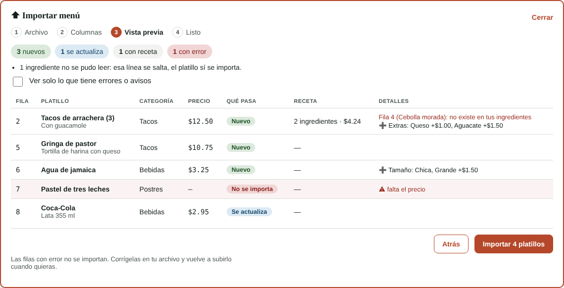 Vista previa de la importación