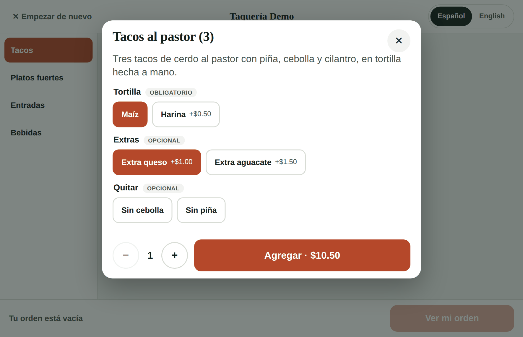 Opciones del platillo