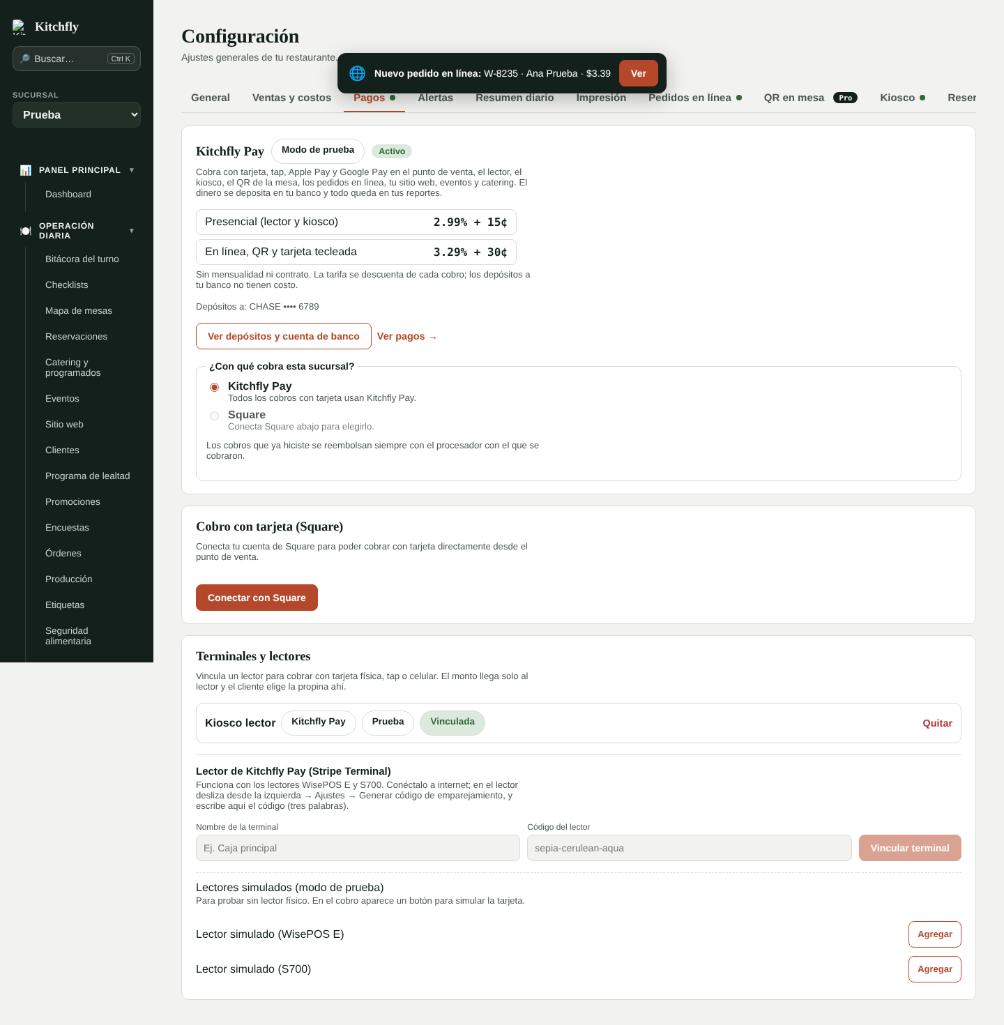 Kitchfly Pay en Configuración → Pagos