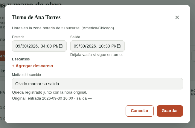 Corregir un turno