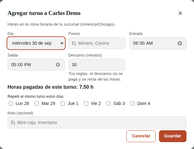 Agregar un turno