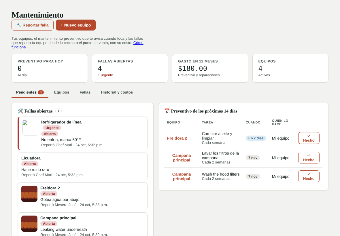 Pantalla de mantenimiento con fallas abiertas y preventivo próximo