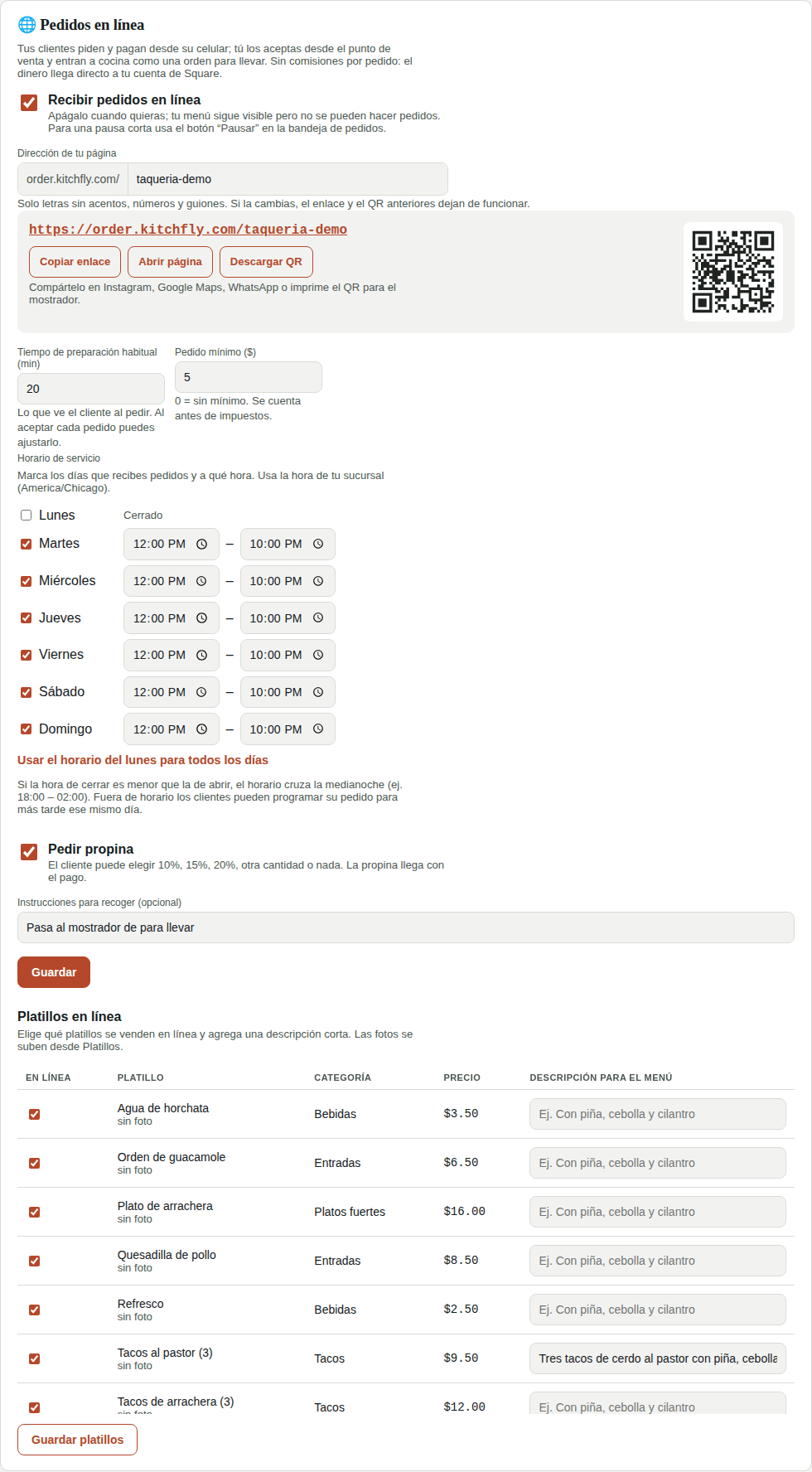 Configuración → Pedidos en línea