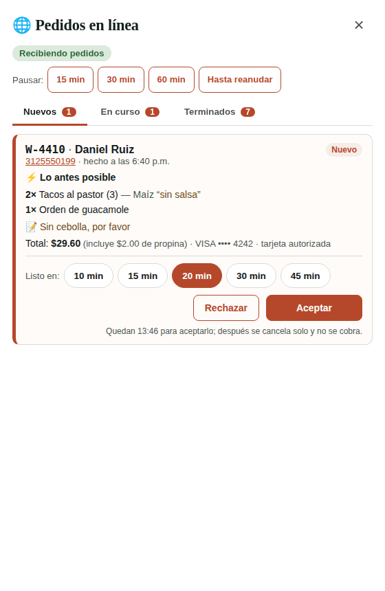 Bandeja de pedidos en línea