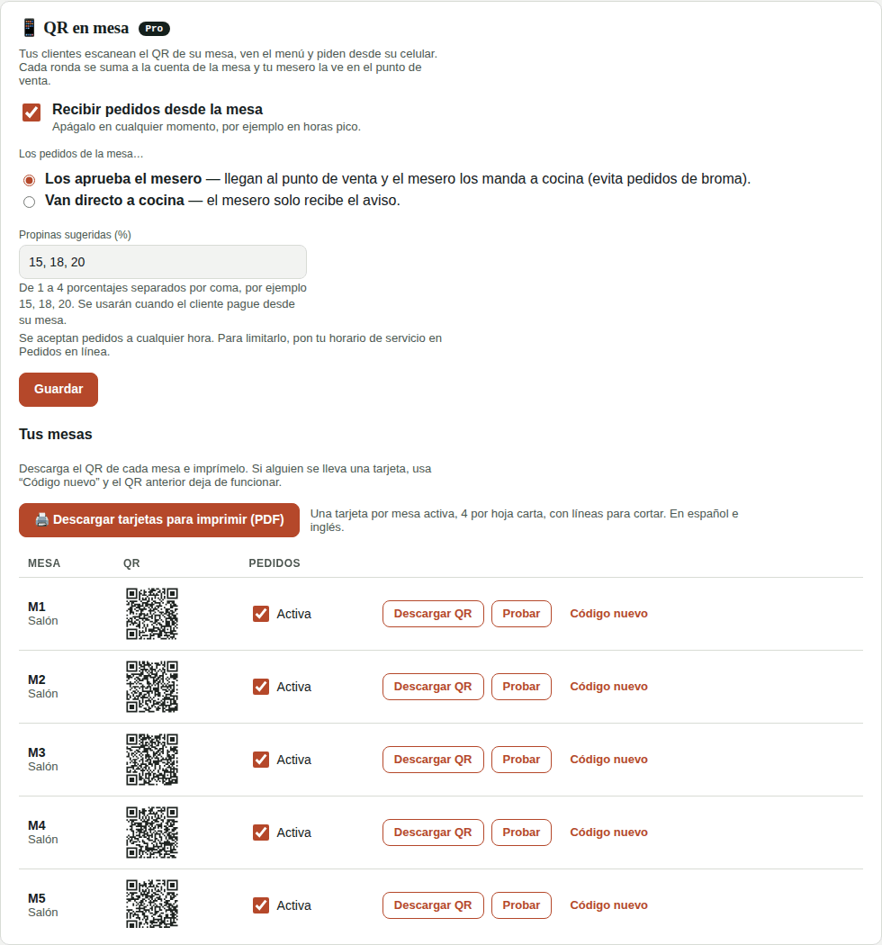 Configuración → QR en mesa