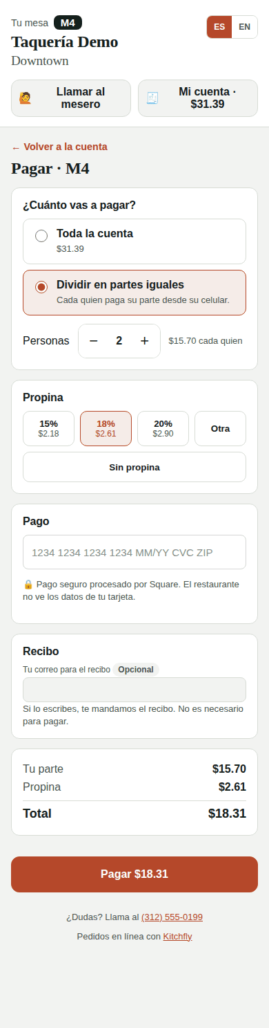 Pagar en partes iguales con propina