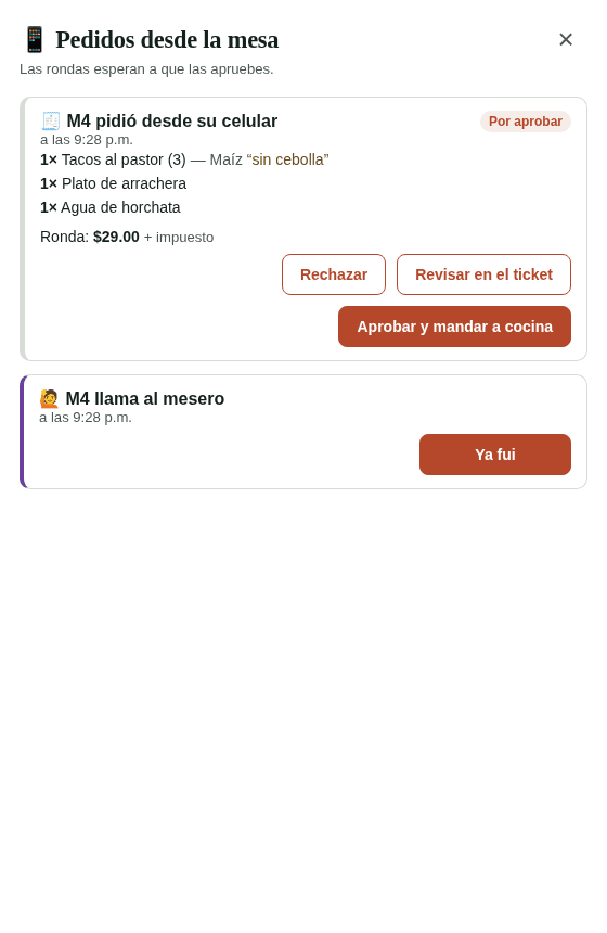 Pedidos desde la mesa