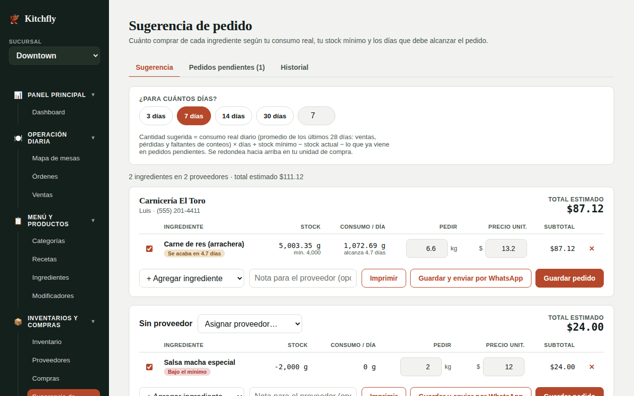 Sugerencia de pedido