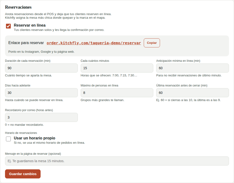 Configuración → Reservaciones