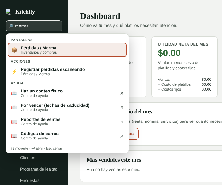 El buscador con resultados de pantallas, acciones y ayuda