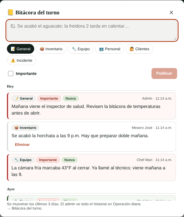 La bitácora en el punto de venta
