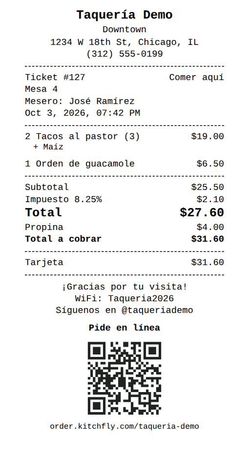 Ticket con mensaje al pie y QR de pedidos en línea