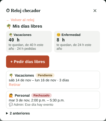 Pedir días libres desde el reloj checador