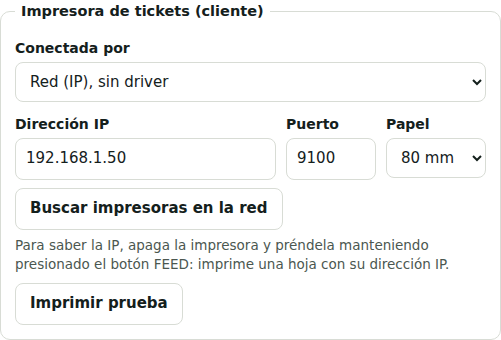 Impresora de red en los ajustes de la app