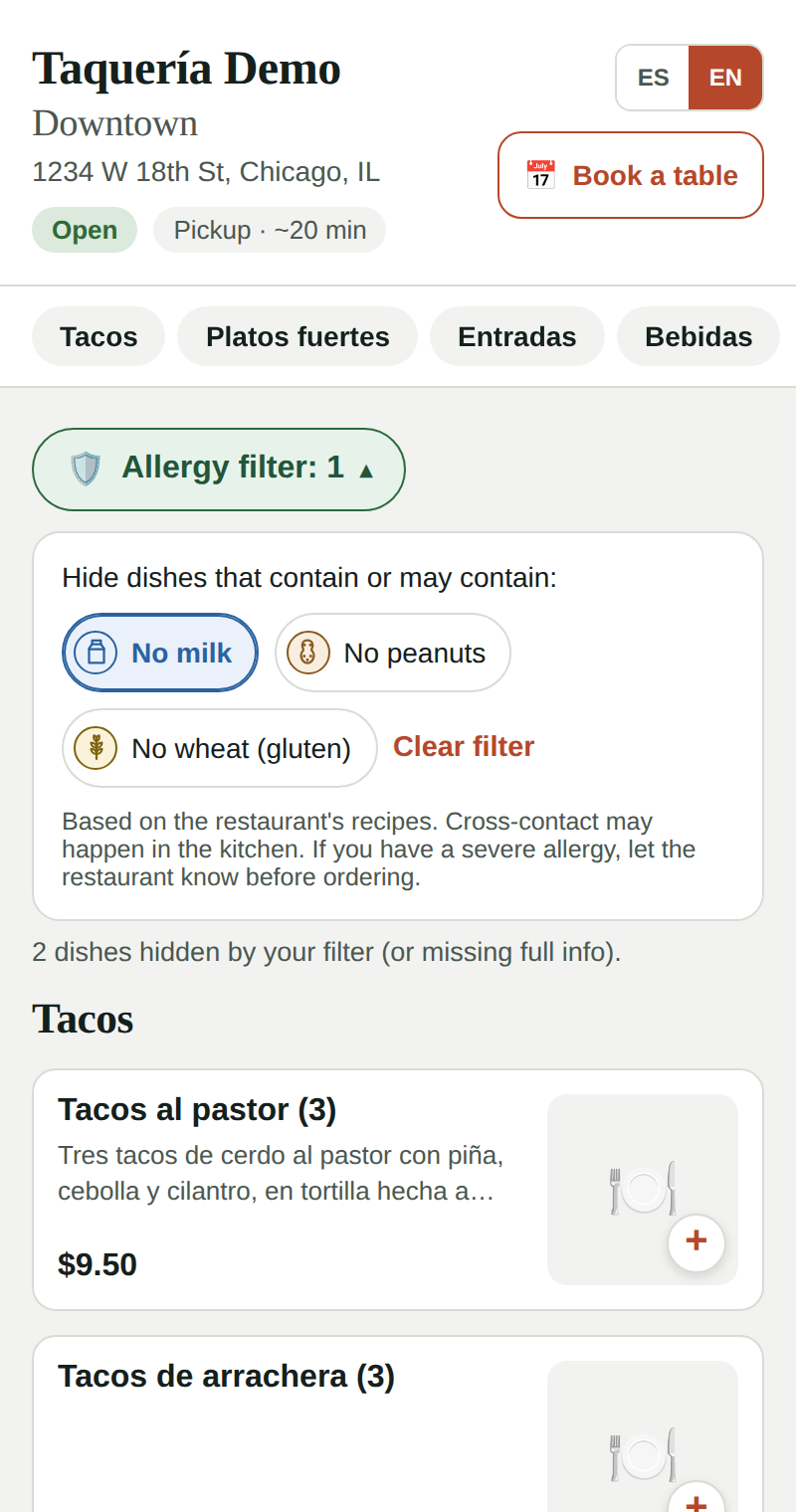 Allergy filter on the online menu