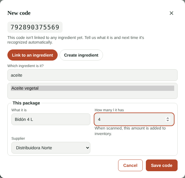 Linking a new code to an ingredient