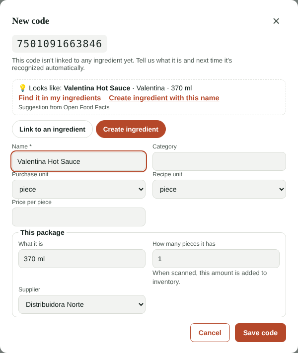 Name suggestion when scanning a new product