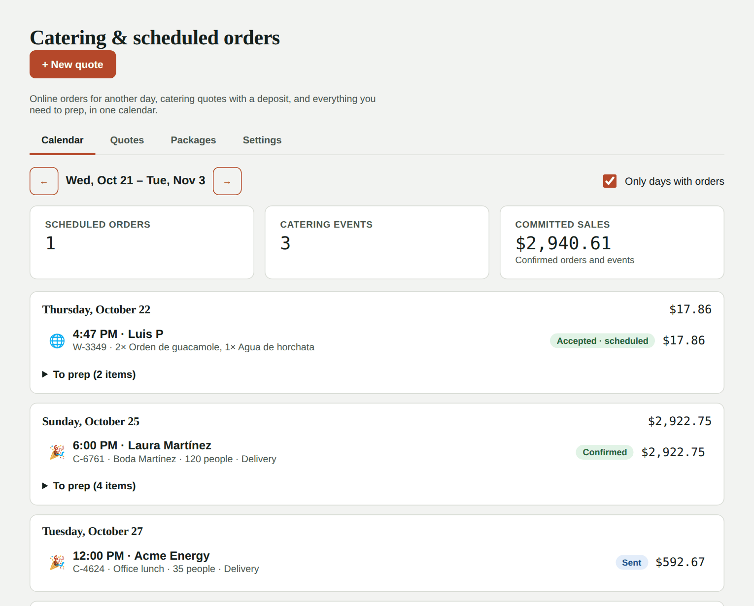 Calendar of scheduled orders and events