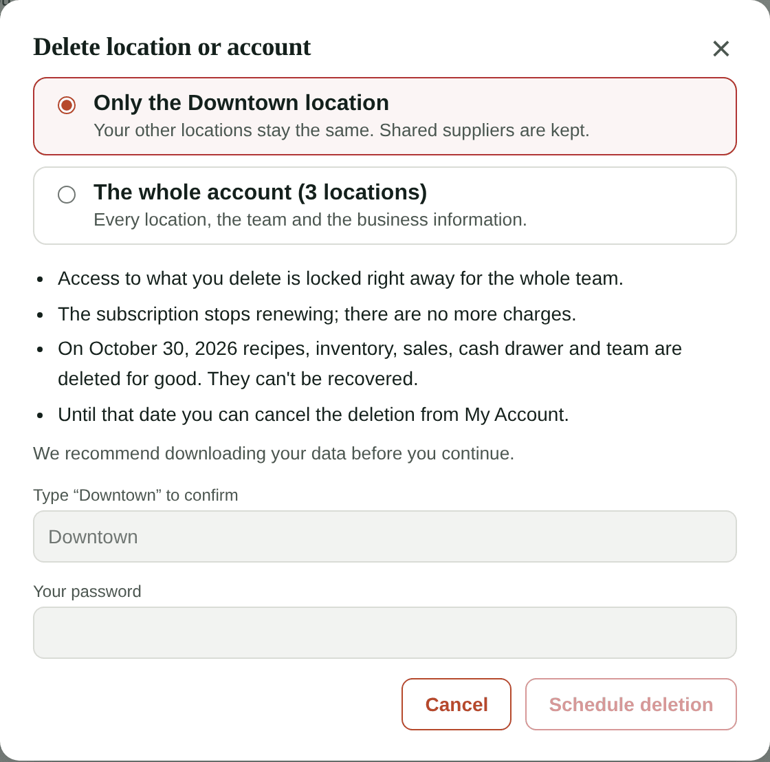 Delete location or account