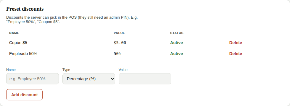 Preset discounts