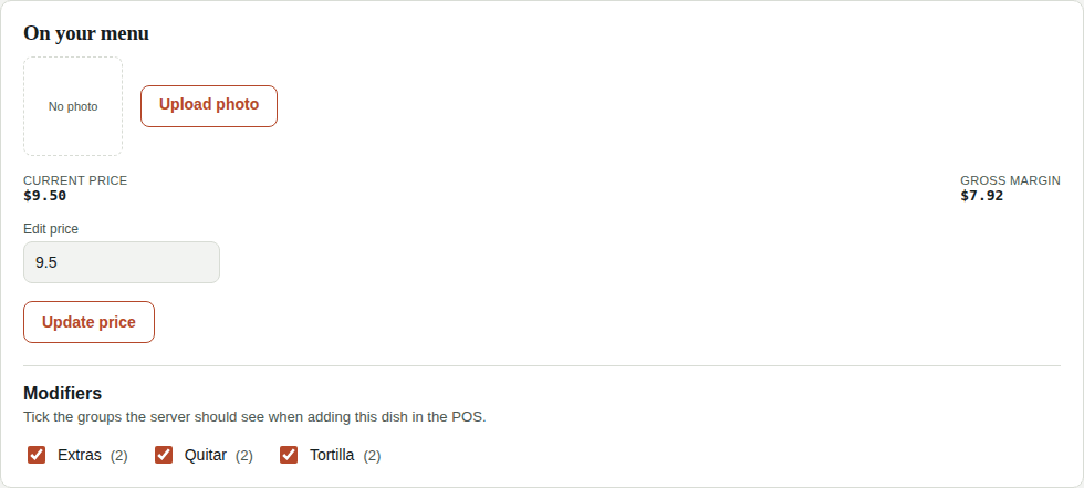 Modifiers on a dish