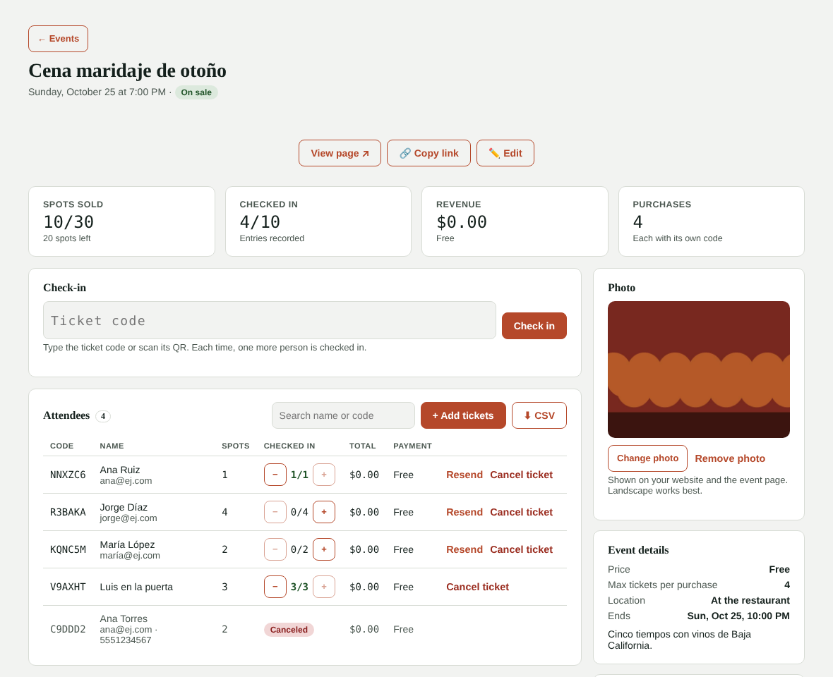 Event details with check-in and the attendee list