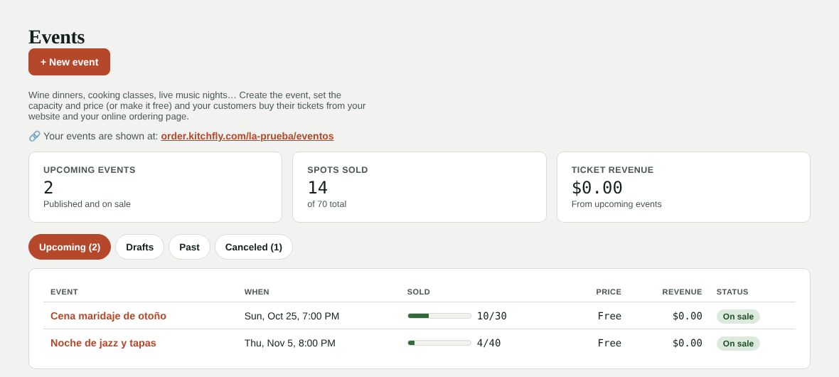 Events list with spots sold and revenue