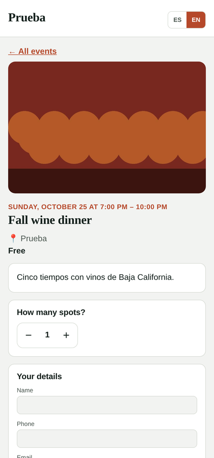 Event page for customers