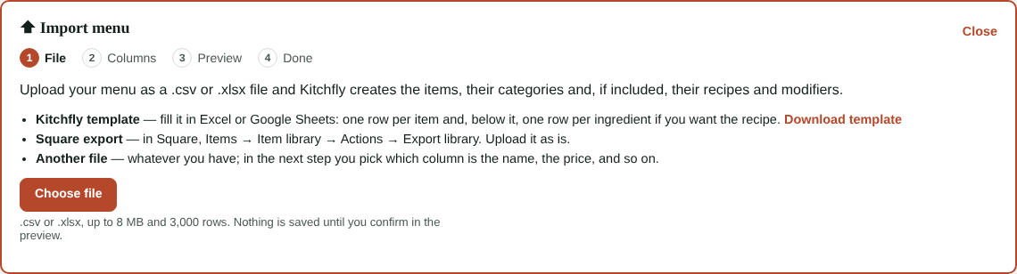 Import menu: choose the file