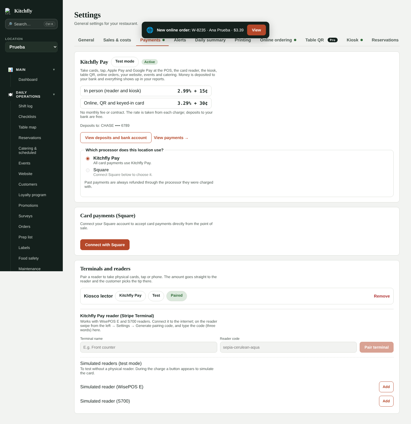 Kitchfly Pay in Settings → Payments
