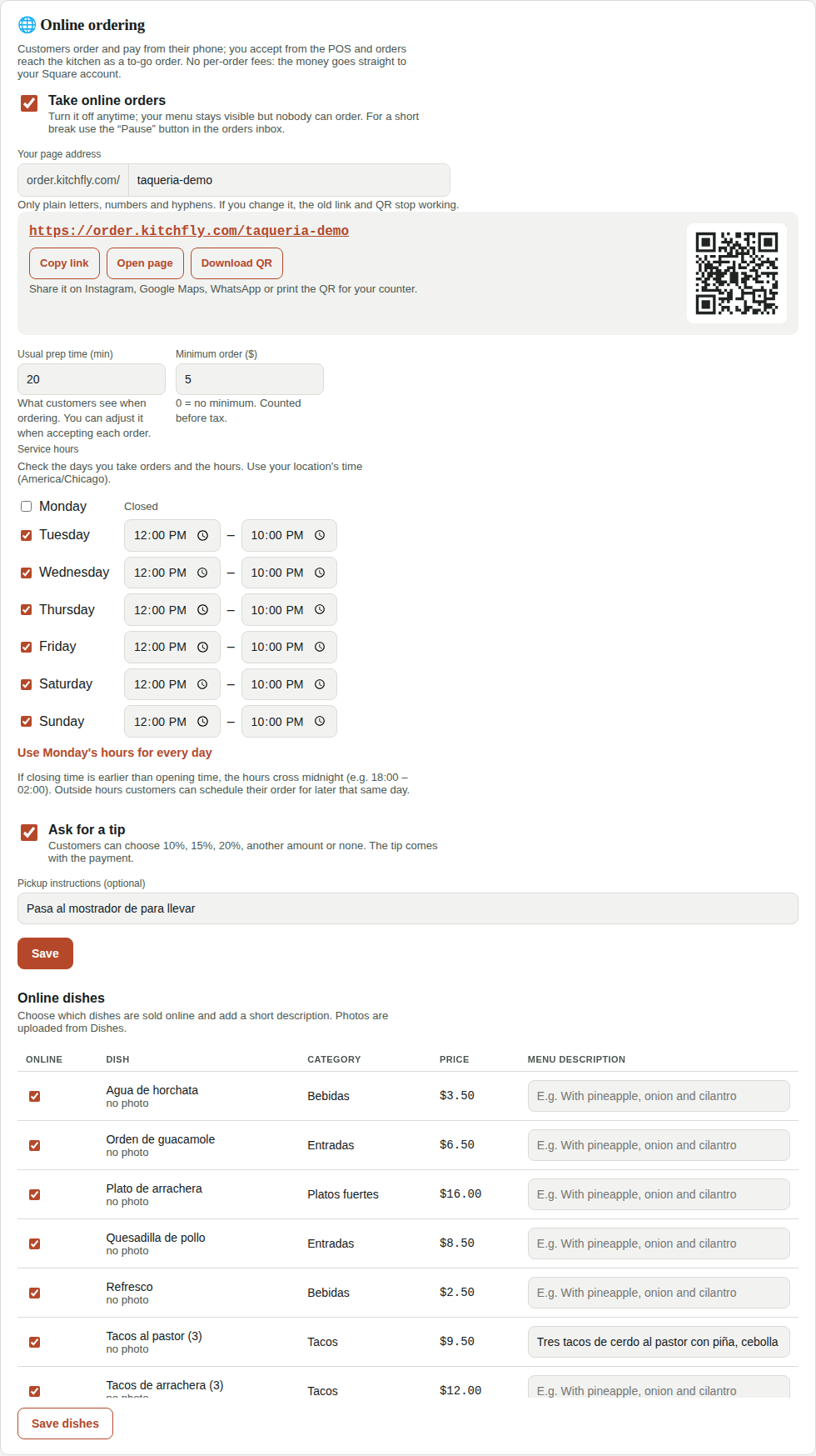 Settings → Online ordering