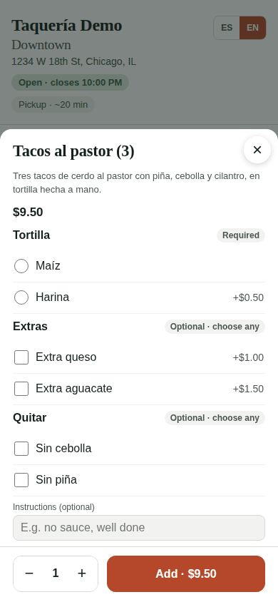 A dish's options