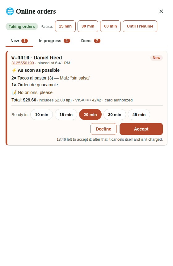 Online orders inbox