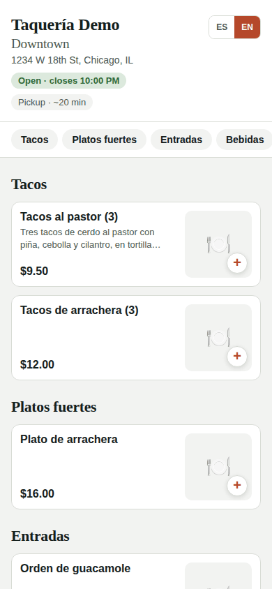 Your online menu on the customer's phone