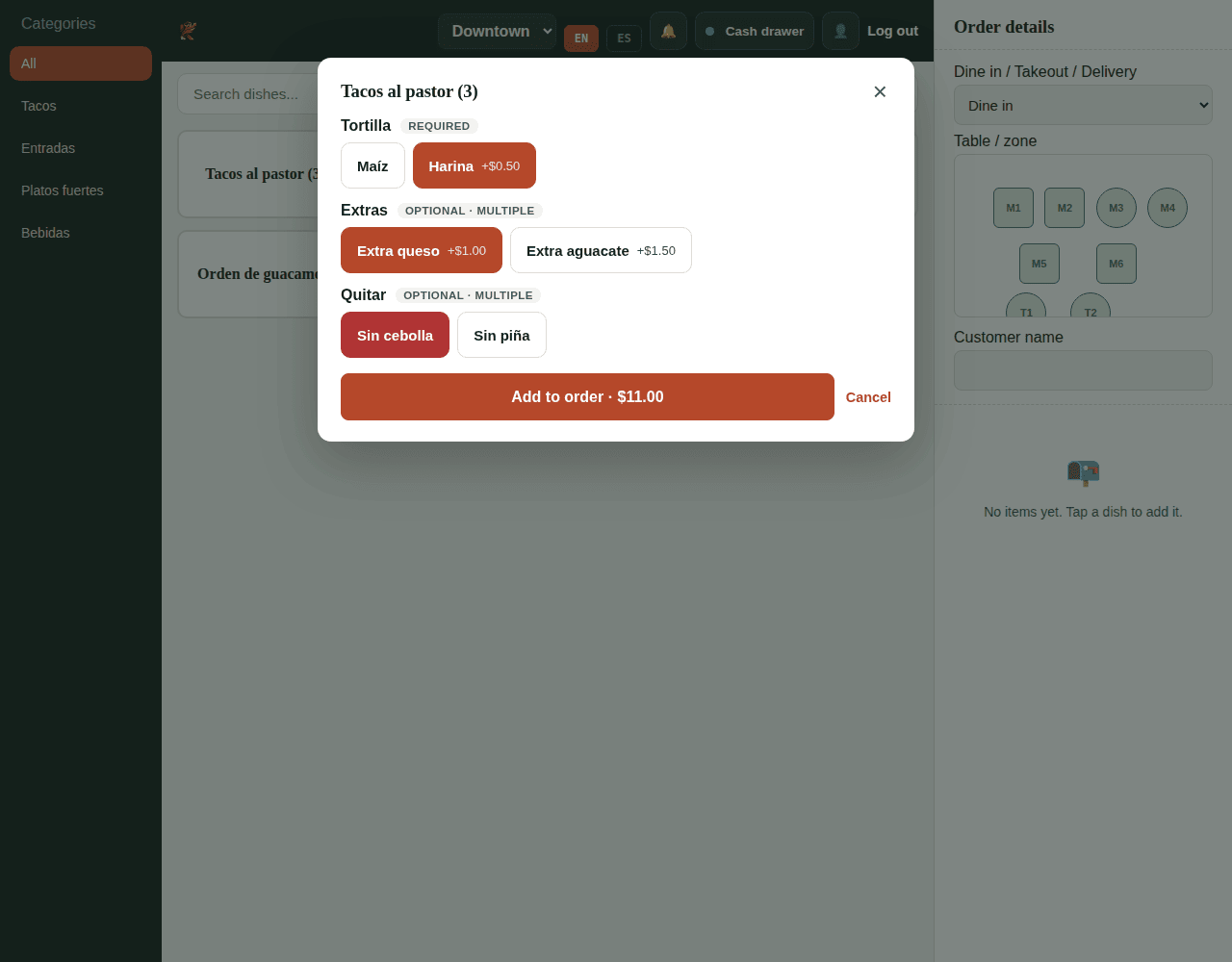 Choosing modifiers in the POS
