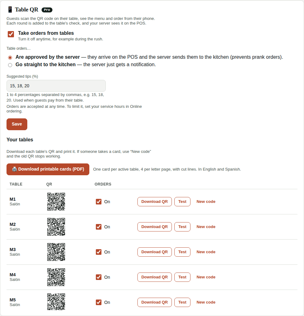 Settings → Table QR