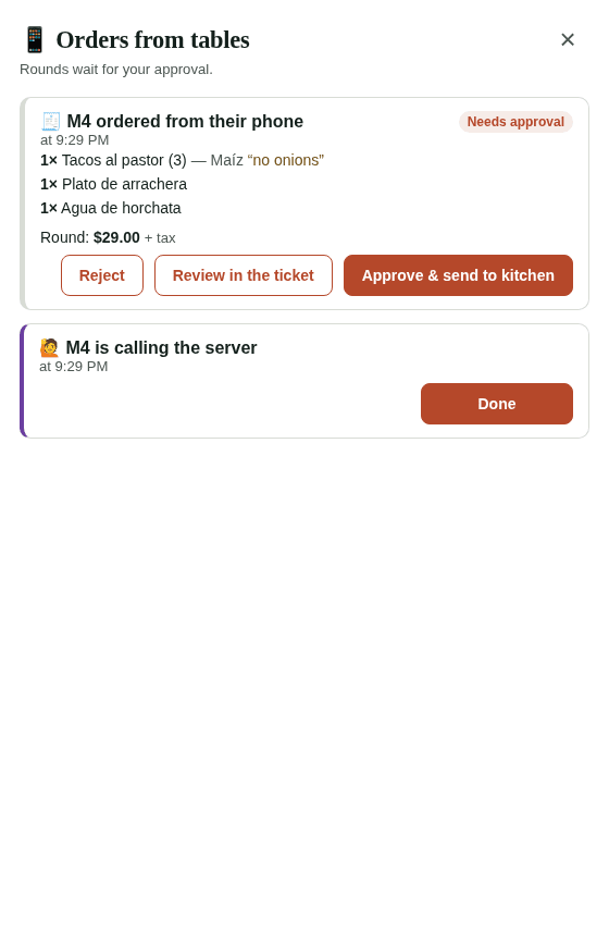 Orders from tables