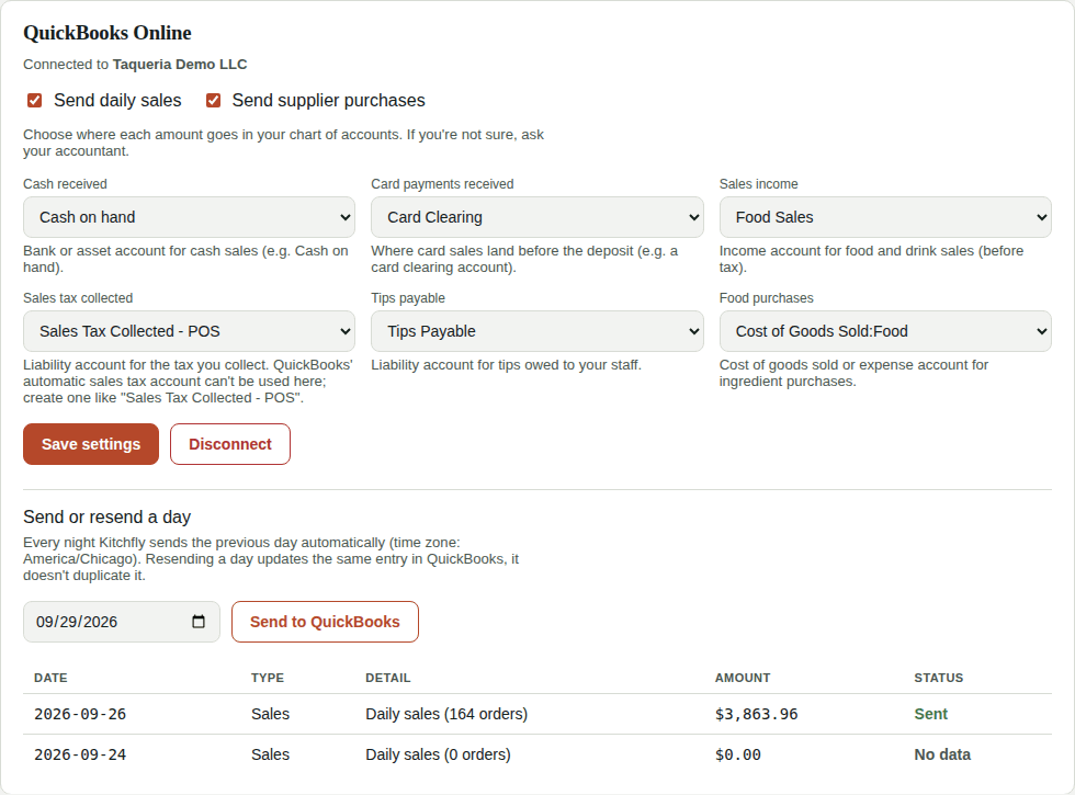 QuickBooks Online in Settings