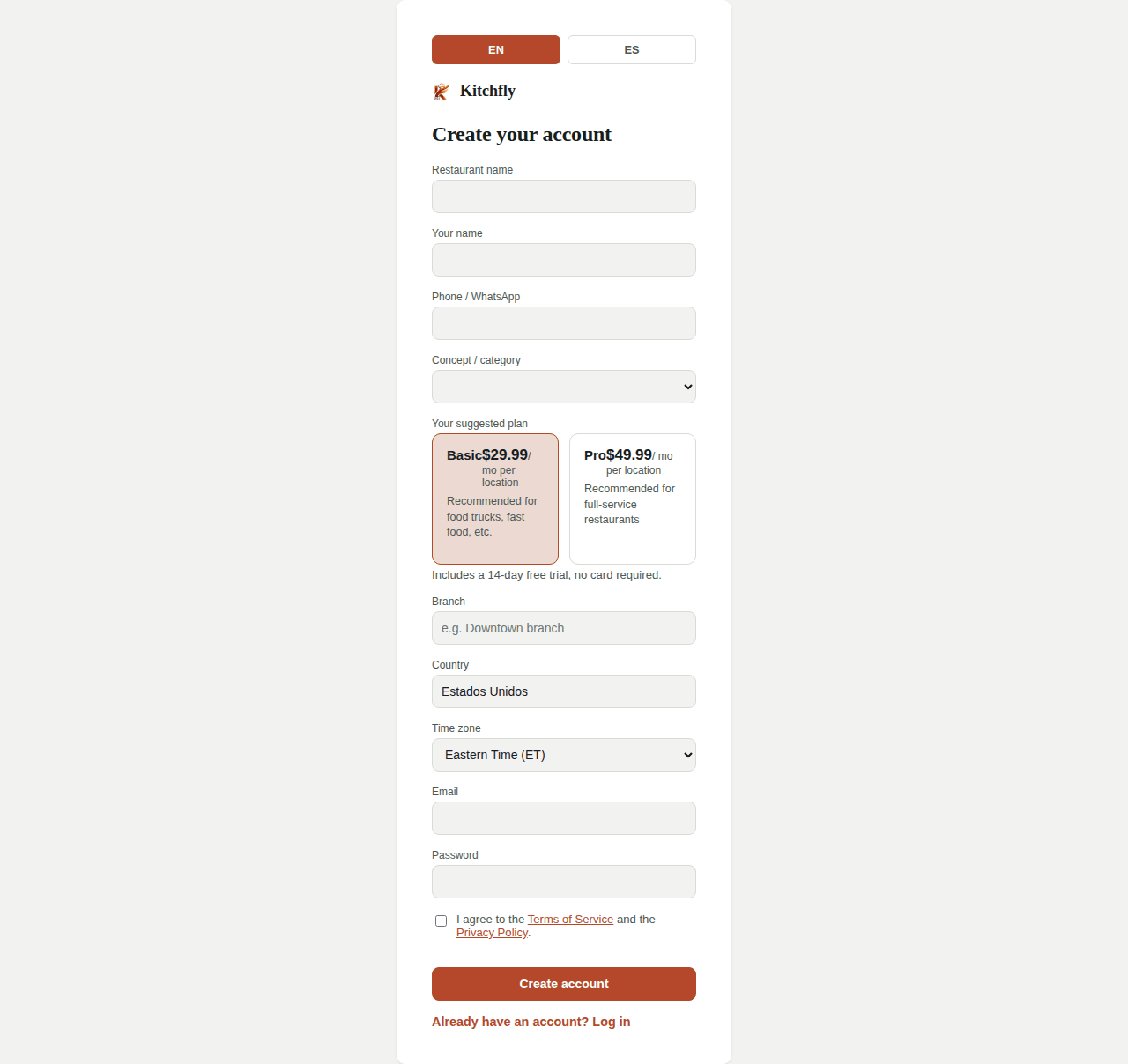 Create your account form