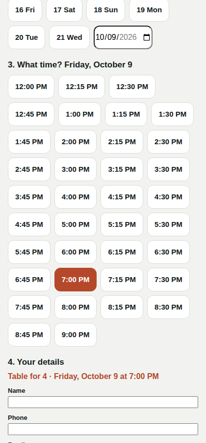 Online booking page